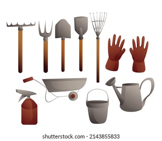 gardening equipment metal steel grey and red spade rake gloves watering can wheelbarrow sprayer vector illustration set isolated elements on white background