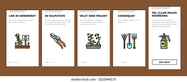 Gardening Equipment Onboarding Mobile App Page Screen Vector. Glass And Polycarbonate Greenhouse Construction, Gardening Tool And Instrument Illustrations