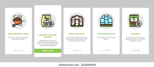 Gardening Equipment Onboarding Mobile App Page Screen Vector. Glass And Polycarbonate Greenhouse Construction, Gardening Tool And Instrument Illustrations