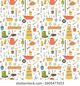 Gardening equipment pattern. Farm or planting tools. Flat cartoon vector illustration. Agriculture graphic for wallpaper, package.