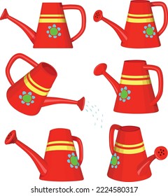 Gardening equipment: Red watering can viewed in different angles. 