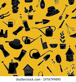 Gardening equipment seamless pattern in doodle style. Hand drawn tools silhouette set for planting and seedling.Illustration with pruner, watering can, clothes, trowel.Grow and cultivate flowers.
