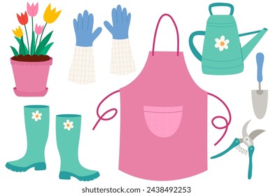 Equipo de jardinería. Delantal de jardinería, maceta de tulipán, botas de goma, regadera, guantes de jardinería, tijeras de podar