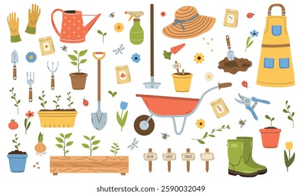 Gardening equipment set. Farm or planting tools. Flat cartoon vector collection of illustrations. Horticulture equipment for scrapbooking, stickers.