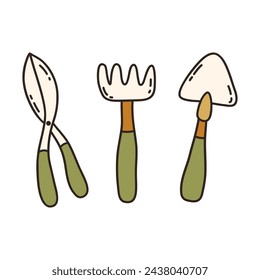 Gardening equipment set. Hoe, pruner, cultivator, small hand tools. Colorful vector isolated illustration hand drawn doodle. Icon, card, clip art. Spring and summer season, farming