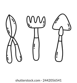 Gardening equipment set. Hoe, pruner, cultivator, small hand tools. Black and white vector isolated illustration hand drawn doodle. Icon, card, clip art. Spring and summer season, farming