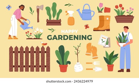 Equipo de jardinería. La gente cuida las plantas. Jardinería de primavera. Ilustración vectorial plana.