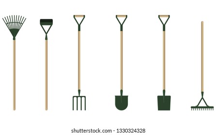Gardening equipment - set of six items - shovels, rakes, forks - flat style - vector