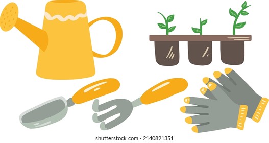 Gardening equipment set. Watering can, seedlings, tools, gloves
Hand drawn vector illustration. Suitable for website, stickers, greeting cards