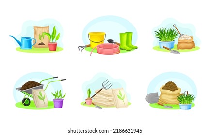 Gardening equipment set. Wheelbarrow, seedlings, watering can, rubber boots. Farming and gardening vector illustration