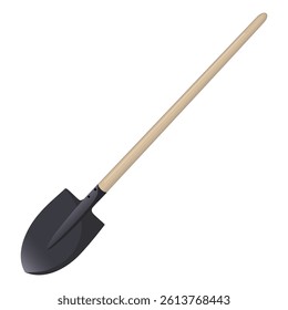 Gardening equipment. Shovel with wooden handle and metal blade for digging soil and planting. Suitable for gardening projects, landscaping, infographics, and tool kits