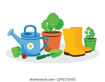 Gardening equipment and tools colorful icon set vector. Garden tools still life vector isolated on a white background. Garden watering can, shovel, flowerpot with plant, wellies rubber boots vector