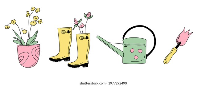 Gardening equipment and tools in doodle style. Hand drawn horizontal set for planting and seedling.Eco hobby.Illustration with hoe, rubber boots,watering can.Grow and cultivate flowers in a pot.Vector