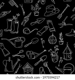 Gardening equipment and tools seamless pattern in doodle style. Hand drawn set on black background for planting.Illustration with pruner, watering can, clothes, trowel.Grow and cultivate flowers.
