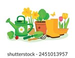 Gardening equipment and tools still life vector illustration. Garden watering can, flowers, shovel, flowerpot with plant, wellies rubber boots icon set isolated on a white background