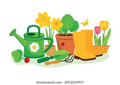 Gardening equipment and tools still life vector illustration. Garden watering can, flowers, shovel, flowerpot with plant, wellies rubber boots icon set isolated on a white background