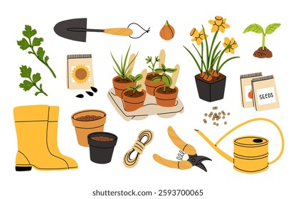 Gardening equipment and tools still life vector illustration. Garden watering can, flowers, shovel, flowerpot with plant, wellies rubber boots icon set isolated on a white background