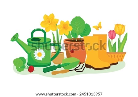 Gardening equipment and tools still life vector illustration. Garden watering can, flowers, shovel, flowerpot with plant, wellies rubber boots icon set isolated on a white background