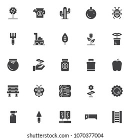 Gardening equipment vector icons set, modern solid symbol collection, filled style pictogram pack. Signs, logo illustration. Set includes icons as apple tree , watering can, cactus, orange, ladybug