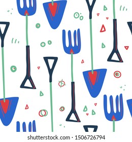 Gardening equipment vector seamless pattern. Collection consists of  tools and accessories flat style design. Rake and shovel. Sketch agriculture and farming concept. 