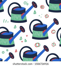 Gardening equipment vector seamless pattern. Collection consists of  tools and accessories flat style design. Watering can. Sketch agriculture and farming concept. 