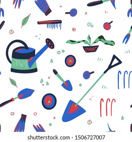Gardening equipment vector seamless pattern. Collection consists of  tools and accessories flat style design. Sketch agriculture and farming concept. 