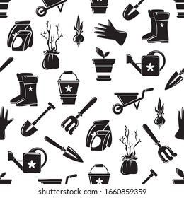 Gardening equipment vector seamless pattern. Isolated garden eqipment picture, detailed design, growing plant, spring