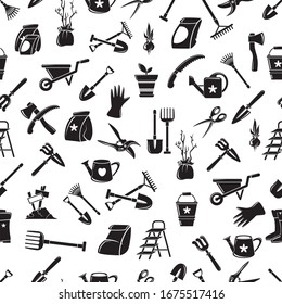 Gardening equipment vector seamless pattern. Isolated garden tools picture, detailed design, growing plant, spring