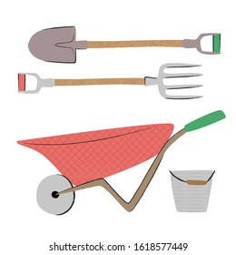 Gardening equipment vector set. Isolated. Cute cartoon style with texture. Garden tools