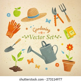 Gardening equipment vector set on vintage background.