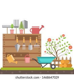 Gardening equipments.Tools for working in garden.Vector illustration.