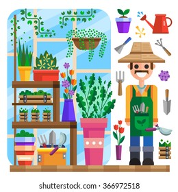 Gardening and everything linked with it! Happy gardener, greenhouse, plants and flowers in pots, garden work tools isolated. Flat vector illustration set.