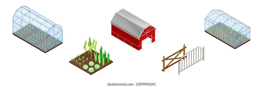 Gardening and Farm with Barn, Fence and Greenhouse Isometry Vector Set