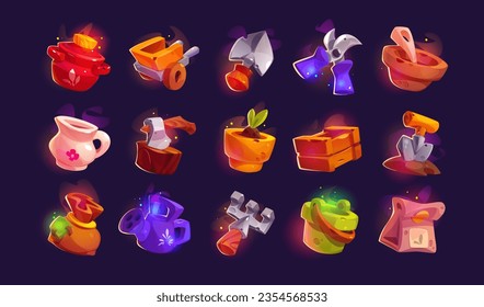 Gardening and farm game icons set. Vector equipment for growing agricultural crops - utensils, bags of seeds, shovel and pruning shears, bucket and watering can, wooden box, wheelbarrow, sprout in pot