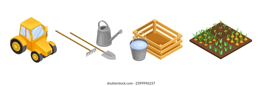 Gardening and Farm with Tractor, Watering Can, Crate and Garden Bed Isometry Vector Set