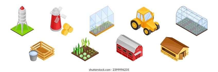 Gardening and Farm with Water Tower, Windmill, Tractor, Barn and Greenhouse Isometry Vector Set