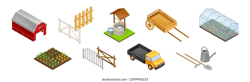 Gardening and Farm with Well, Fence, Greenhouse, Barn and Truck Isometry Vector Set