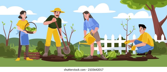 Gardening or farm works in garden. Men and women farmers and cottagers planting tree, watering watermelons and harvesting crop. Happy farmers characters working in orchard, Cartoon vector illustration