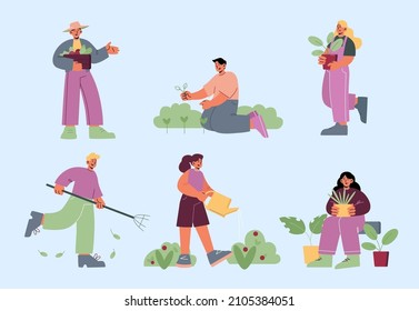 Gardening or farm works. Men and women planting and caring of sprouts and plants, raking ground, watering and fertilize flowers. Characters working in summer garden, Line art flat vector illustration