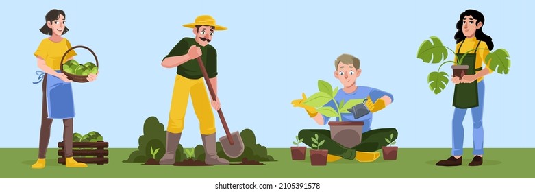 Gardening or farm works. Men and women cottagers planting and caring of trees and plants, harvesting crop and digging soil. Happy characters working in summer garden, Cartoon vector illustration