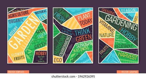 Gardening, Farming, Agriculture and Healthy Lifestyle Posters Set. A4 booklet template with typography composition. Vector banners