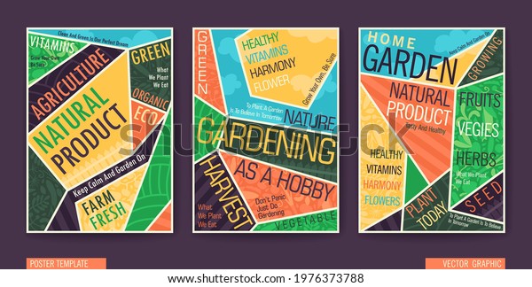 Gardening, Farming, Agriculture and Healthy\
Lifestyle Posters Set. A4 booklet template with typography\
composition. Vector\
banners