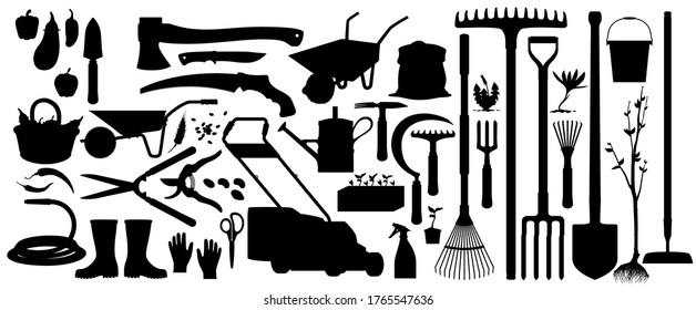 Gardening and farming agriculture tools, vector silhouette icons. Garden and farm cultivation equipment rakes and shovel spade, tree secateurs and gardener hoe, watering hose, sickle and lawn mower