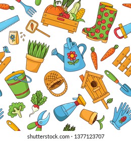 Gardening farming colorful cute cartoon isolated icons seamless vector pattern