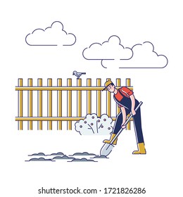 Gardening And Farming Concept. Man Working On Farm. Cheerful Character Digging Soil Use Shovel. Seasonal Agricultural Work. Agriculture and Garden Job. Cartoon Linear Outline Flat Vector Illustration