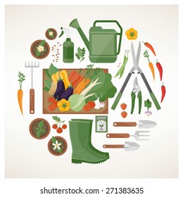 Gardening and farming concept with vegetables, flower pots and gardening tools in a circular shape