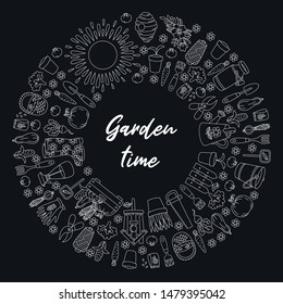 Gardening farming doodle icons vector set round frame design