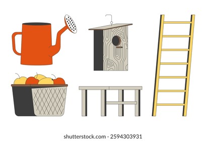 Gardening and farming essentials 2D cartoon objects set. Watering can, birdhouse, apples basket, ladder, table. Supplies isolated elements flat vector clip arts on white. Spot illustrations collection