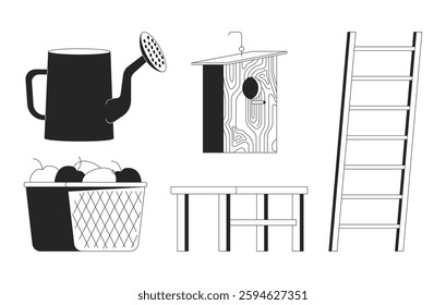 Gardening and farming essentials 2D line objects set. Watering can, wooden birdhouse, apples basket, ladder, table isolated cliparts vector ink outline items. Monochrome spot illustrations collection