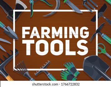 Gardening and farming hand tools, agriculture. Vector shovel and ax, averruncator and scissors, gloves, and hoe, sickle and knife, chopper and thatch, shrub rakes on wooden background